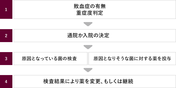 1. 敗血症の有無/重症度判定→2. 通院か入院の決定→3. 原因となっている菌の検査/原因となりそうな菌に対する薬を投与→4. 検査結果により薬を変更、もしくは継続