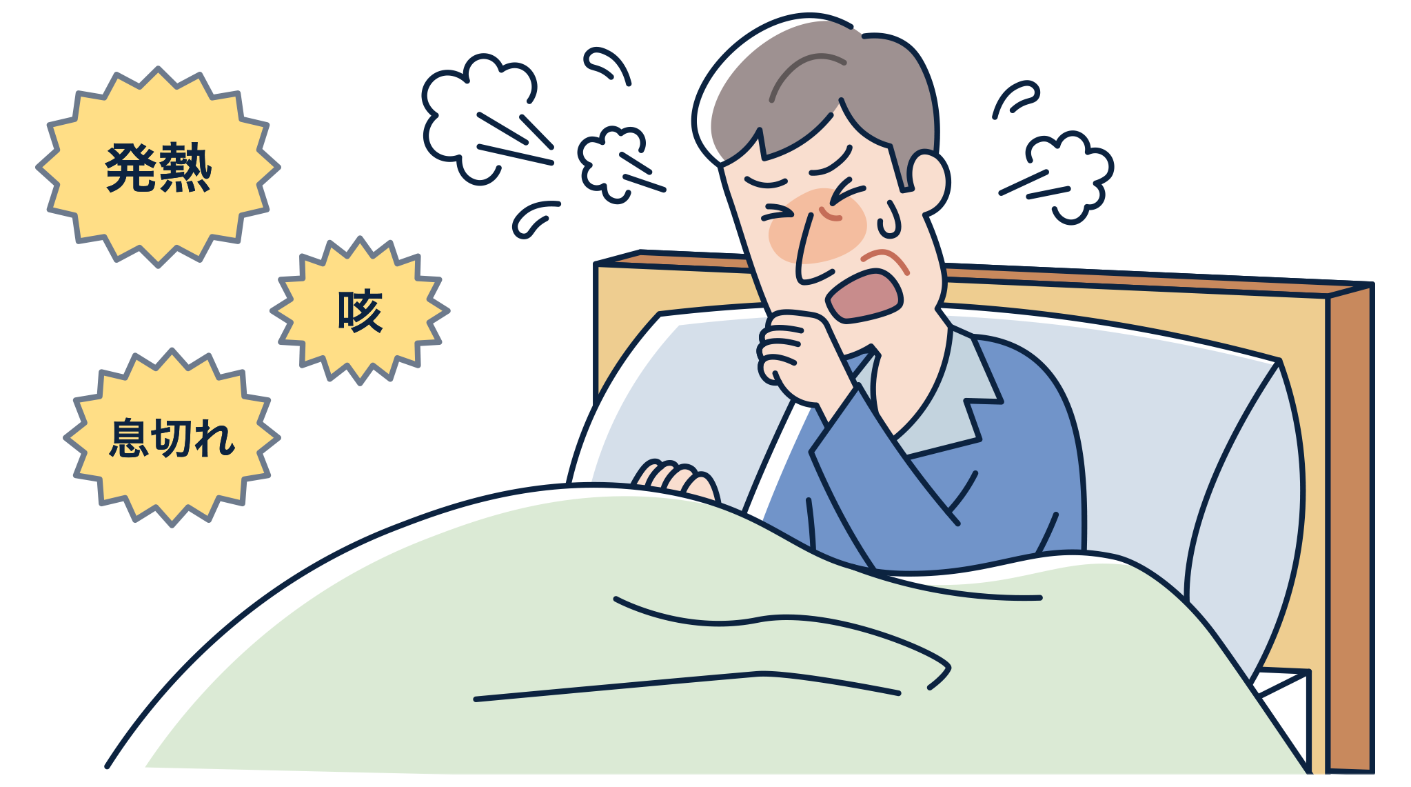 発熱、咳、息切れなどが主な症状です。 高齢の場合は急激に症状が進むこともあります