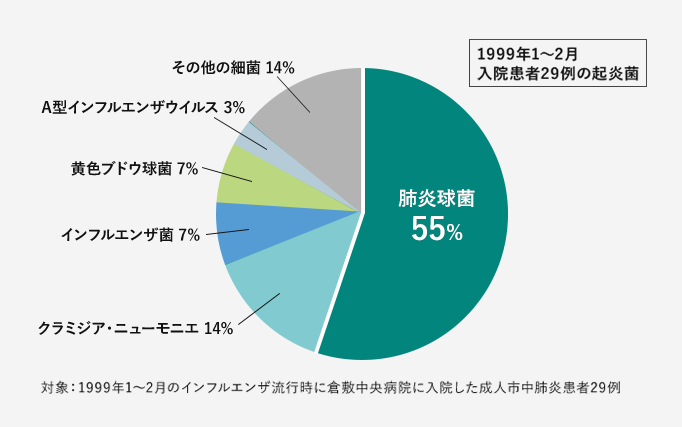 インフルエンザ流行時に肺炎で入院した患者の原因菌として、肺炎球菌が一番多い 全体の55%を占めている
